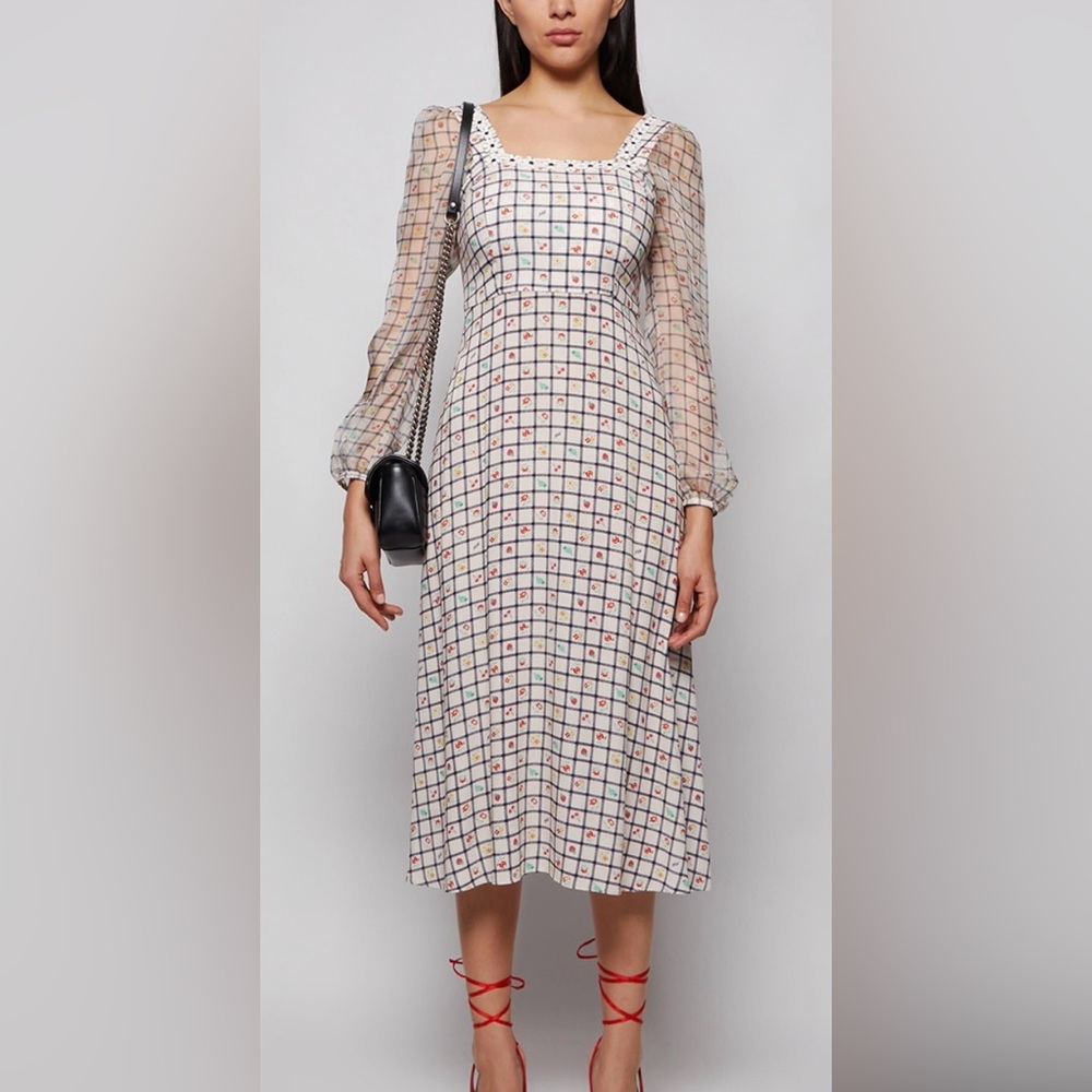 NWOT HVN MATILDA SQUARE NECK DRESS WHITE AND NAVY FRUIT Size 2
